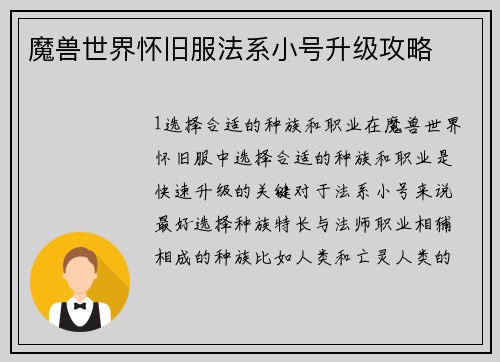 魔兽世界怀旧服法系小号升级攻略